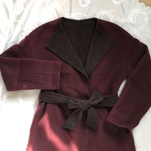 Uniqlo Burgundy Plaid Wool Wrap Long Coat